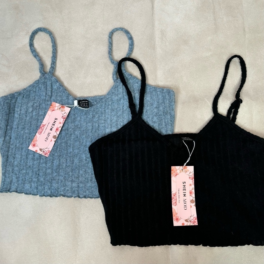 NWT Bundle of 2 SHEIN Crop Tops Size 6 Fluffy Fuzzy Soft Black & Light Blue NEW!